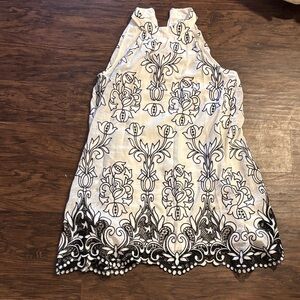 Badgley Mischka White Halter Dress with Black Embroidered Border